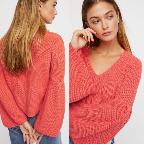 Free People Damsel Ribbed Pullover Sweater Coral - Picture 2 of 8